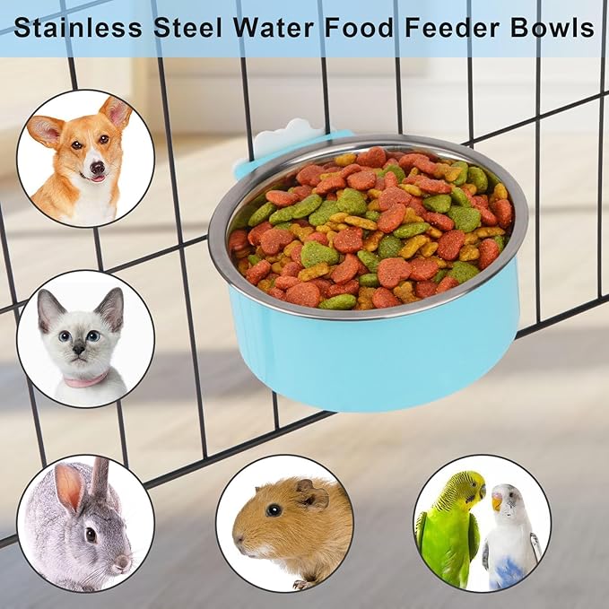 Crate Dog Bowl,Removable Stainless Steel Kennel Water Hanging Food & Water Feeder Crate Water Bowl No Spill for Puppy,Cat,Rabbit,Guinea Pig (Blue+Green)