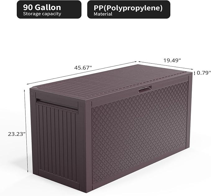 90 Gallon Outdoor Storage Box with Maze Texture, Waterproof Resin Deck Box for Patio Furniture Cushions, Lockable & Weather Resistant Garden Bin for Pool Toys & Tools, Brown