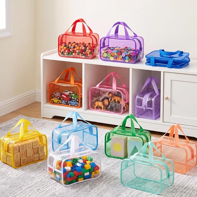 Shinylin 12 Pack Pastel Colorful Large Toy Storage Bags with Zipper 9.8 x 5.9 x 7.1 Inch Reusable Waterproof PVC Clear Board Game Storage Bags with Labels for Puzzles Building Blocks Book Stationery