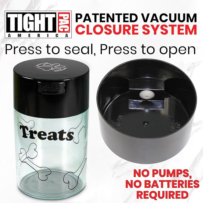 Tightpac Pawvac 1 to 6 Ounces Container, Airtight Pet Food and Treats Storage Jar - Patented Vacuum Seal Container for Pet Food, Treats and other Dry Goods - Clear with Treats
