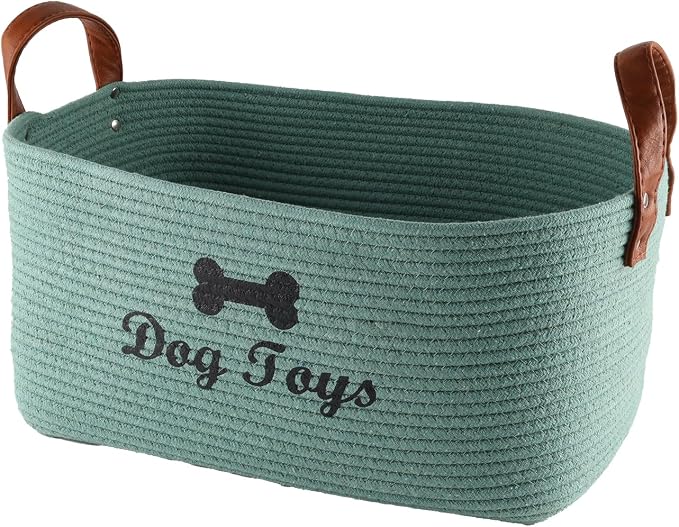 X-Large Cotton Rope Dog Basket with Leather handle Blanket Storage Basket Decorative Clothes Hamper Basket | Extra Large Baskets for Blankets or Laundry-Geen