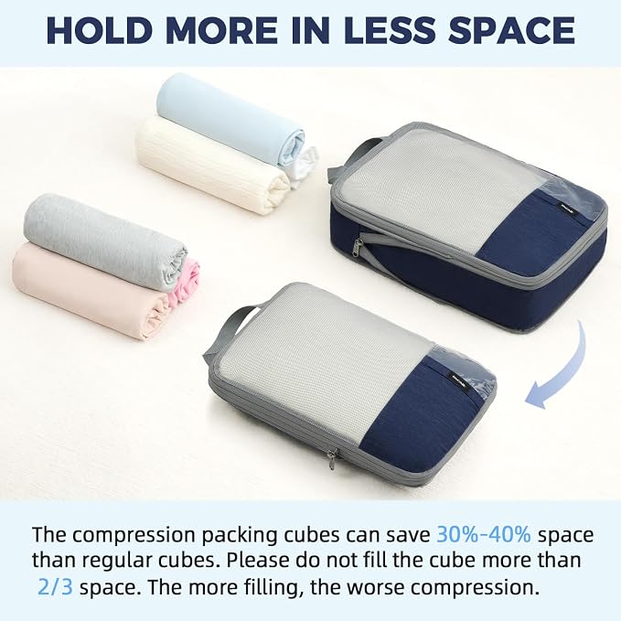 BAGAIL Lightweight Compression Packing Cubes for Travel, 6 Set, Navy | Salis Nylon Fabric,Anti-Tearing,Save Space,SBS Zippers,Packing List,PVC Tag Pocket,Custom Labels,Visible Mesh,Portable Handel