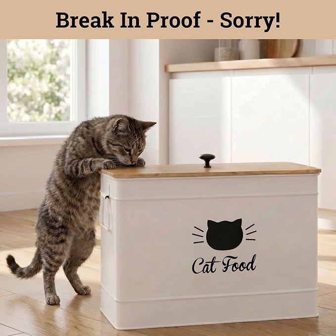 Metal Cat Food Container with Scoop, 15lb (50 Cup) w/ Airtight Bamboo Lid | 15 lb / 50 Cup Capacity, 1 Cup Metal Scoop, Durable Powder Coated Iron Body, Rubber Lined Bamboo Lid, Sturdy Metal Handles