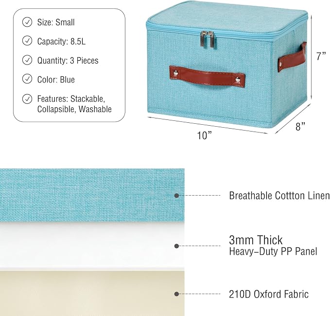 3PCS Storage Bins Boxes with Zippered Lid Decorative Baskets | Cotton Linen Fabric, Washable Foldable Stackable Clothes Container, Closet Shelf Organizer w/ PU Leather Handles, Blue-Small