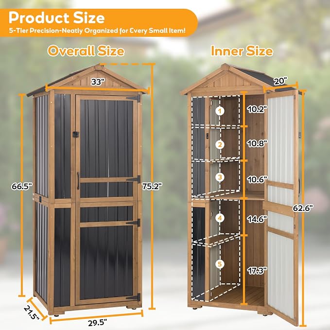 Outdoor Storage Cabinet, Extra-Tall Shed with Removable Shelf for Long Tool | Wood & Metal, Waterproof Asphalt Roof, Removable Shelf, Magnetic Lockable Doors, for Patio, Backyard, Garage, Garden