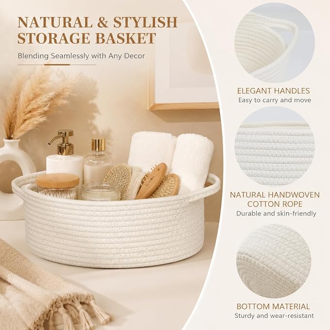 Small Woven Cotton Rope Baskets with Handles, Set of 2, White | 12 x 8 x 5 Inch Baskets, Empty Gift Baskets, Decorative Storage, Nursery Shelf Organizer, Multi-Room Storage