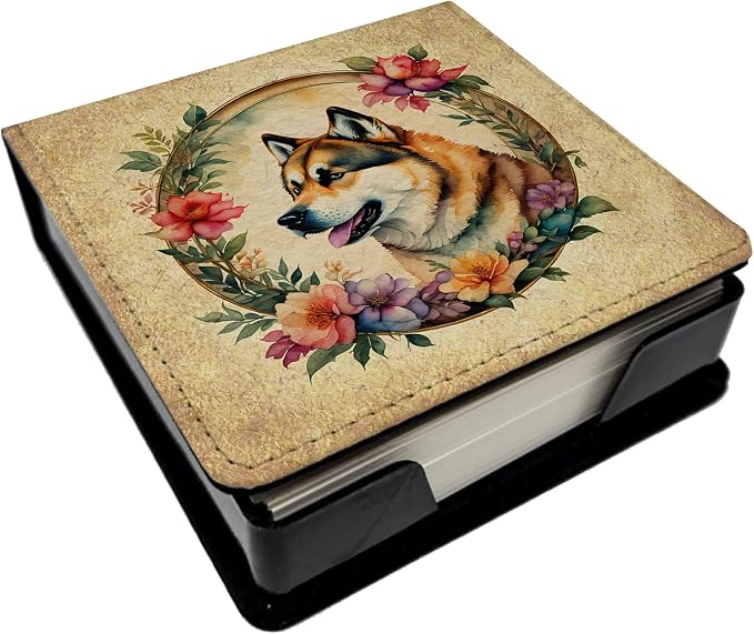 Caroline's Treasures Akita and Flowers PU Leather Note Paper Holder with Artist-Designed Cover, Desk Accessory, Office Gift