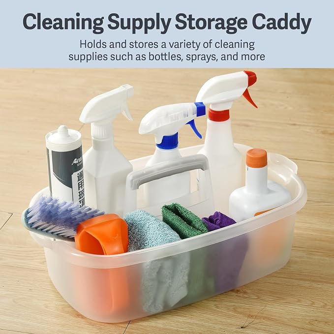 Large Cleaning Caddy with Handle, Cleaning Tool Storage Basket Organizer, Sturdy Pail Bucket Organizer, Household Bucket for Cleaning Supplies - Clear