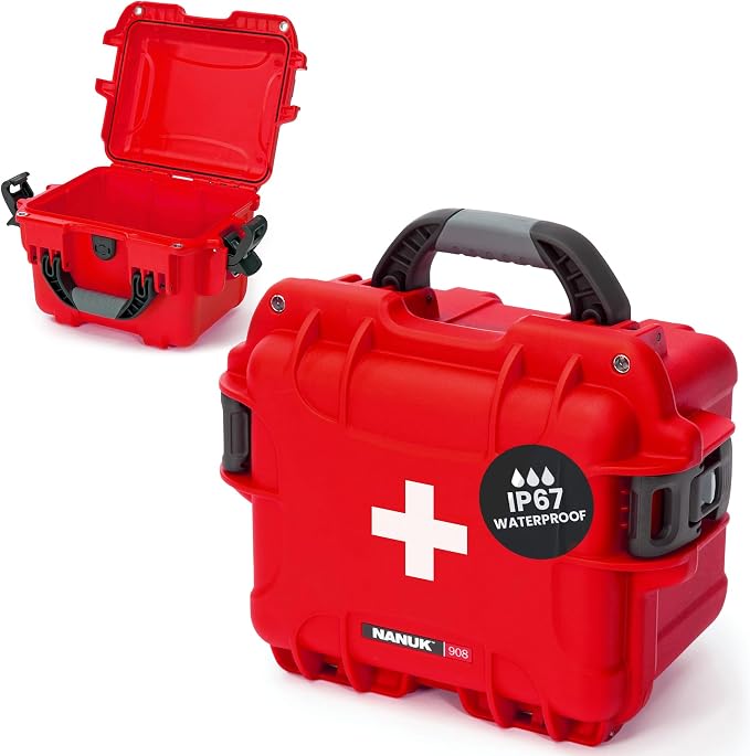 NANUK 908 Waterproof First Aid Box Empty – Durable, Medical First Aid Organizer Case, IP67-Rated, Dustproof, Impact-Resistant, and Floats (9.5" x 7.5" x 7.5") – Red