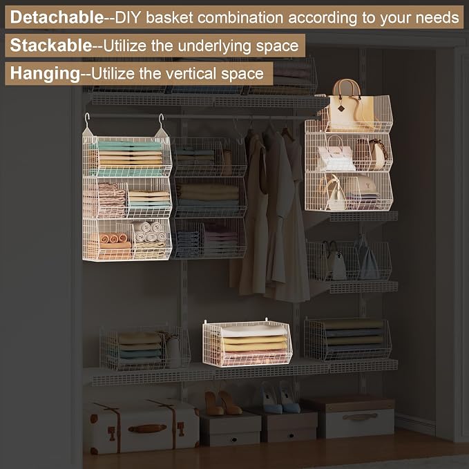 3 Tier Extra Large Closet Hanging Shelves with Divider, 16.5"L x 11.8"W x 33.6"H Closets Organizers and Storage with 5 S Hooks, Clothes Organizer for Sweaters Shoes Handbags Clutches Accessories-White