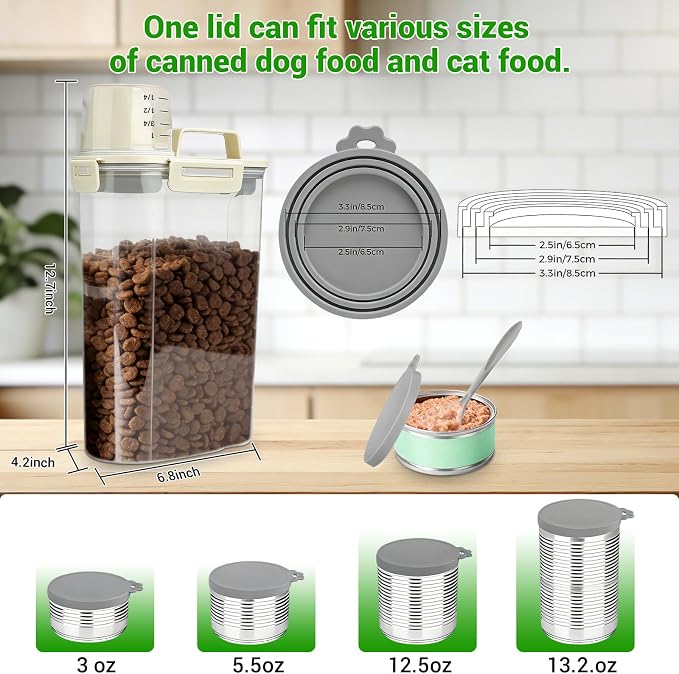 Cat Dog Food Storage Container, 3–5Lbs Portable Pet Food Storage Containers with Cup & Silicone Can Lids for Canned Food Spoon, Small Animal Kibble Dispenser for Bird Seed Cereals Clear/Beige