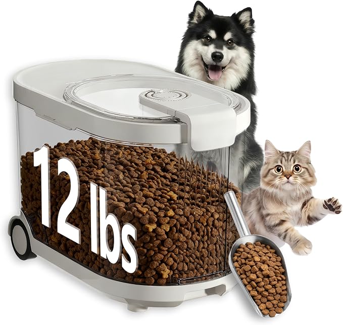 Airtight Dog Food Storage Container with Desiccant Chamber,Cat Food Storage with Timer,Wheels & Scoop,7 Liter,10-12 lbs/7 kg,for Small Dog,Cat & Bird Feed,Clear BPA-Free Slim Rolling Bin with Lid