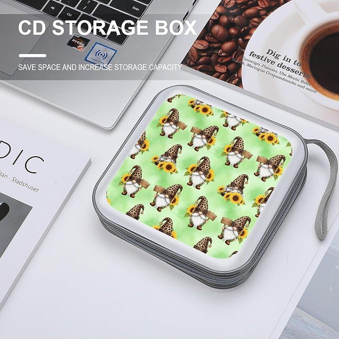 Protective DVD Case Holder Sunflower Gnomes, 40-Capacity Hard Plastic Binder with Zipper, Portable CD Organizer for Car Home
