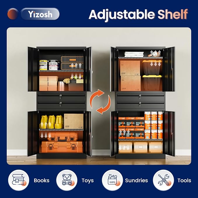 Metal Garage Storage Cabinet with Locking Doors and Adjustable Shelves, 71" Tool Storage Cabinet with 2 Drawer for Garage,Warehouse