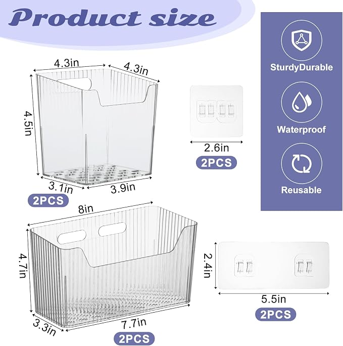 4 PCS Adhesive Cabinet Door Organizer, 2 Size Wall Mounted Inside Cabinet Storage Caddy, Under Sink Door Storage Shelf for Kitchen Bathroom Office