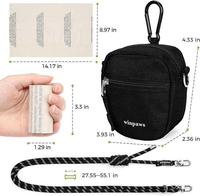 Dog Treat Pouch with Poop Bag Holder, Small Crossbody Bag for Puppy Training and Walking, Shoulder Strap Can Use as Dog Leash- Pet Travel Accessories, Metal Carabiner Attached (Black) | 900D Oxford Fabric