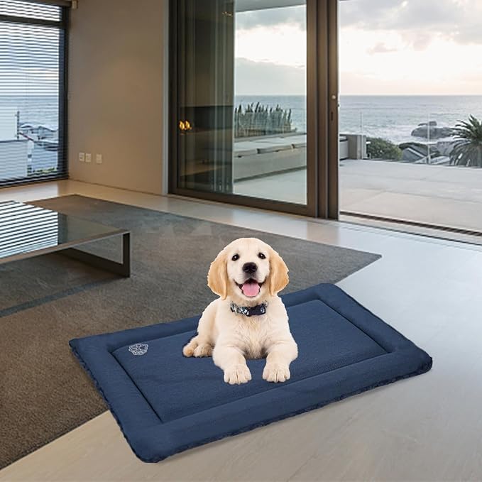 EMPSIGN Dog Crate Pad for 30"x20" Dog Crate, Plush/Canvas Navy | Reversible Kennel Mat (Cool & Warm), Machine Washable, Cozy Plush Sleeping Pad, All-Season Pet Bed