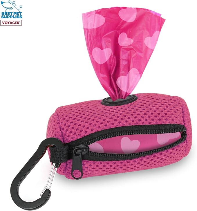Best Pet Supplies Dog Poop Bag Holder Leash Attachment with Reusable Dispenser for Travel, Walking, Park, and Outdoor Use, Durable with Clip-On - Fuchsia, Mesh Dispenser w/15 Bags