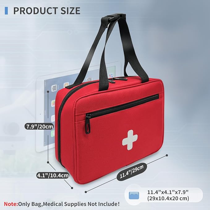 First Aid Bag Empty, Compact and Portable Medical Supplies Organizer with Multiple Compartments, Emergency Trauma Bag for Travel, Camping, Hiking, Car, Travel and Home Use, Red(Bag Only)