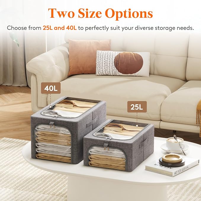 Lifewit Clothes Storage Bins with Metal Frame 3 Pack, Fabric Stackable Storage Bags with Lids, Zipper, Foldable Clost Organizers Containers for Clothing, Blanket, Winter Cloth, 25L