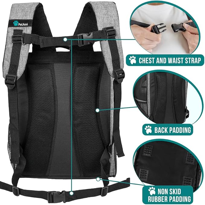 PetAmi Dog Backpack Carrier Airline Approved Cat Pet Puppy Bag, Grey | Ideal for Small Medium Large Pet up to 18 lb, 2 Side Entry Structured No-Collapse Frame, Ventilated Bookbag for Hiking Travel