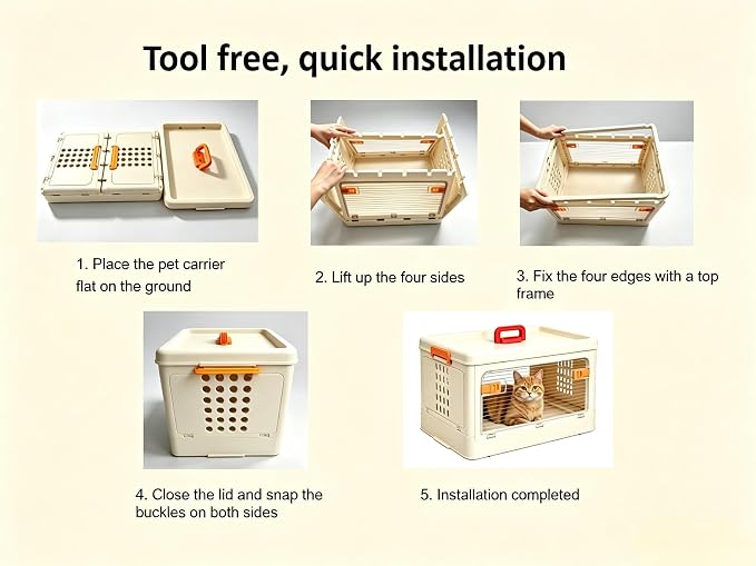 Pet Carrier for Cat & Dog,19-in Collapsible Cat Carrier Hard,Portable Crate | Dogs Travel Crates,Pets up to 20 lbs, Durable Plastic Travel Kennel for Car, Ventilated Design, Beige