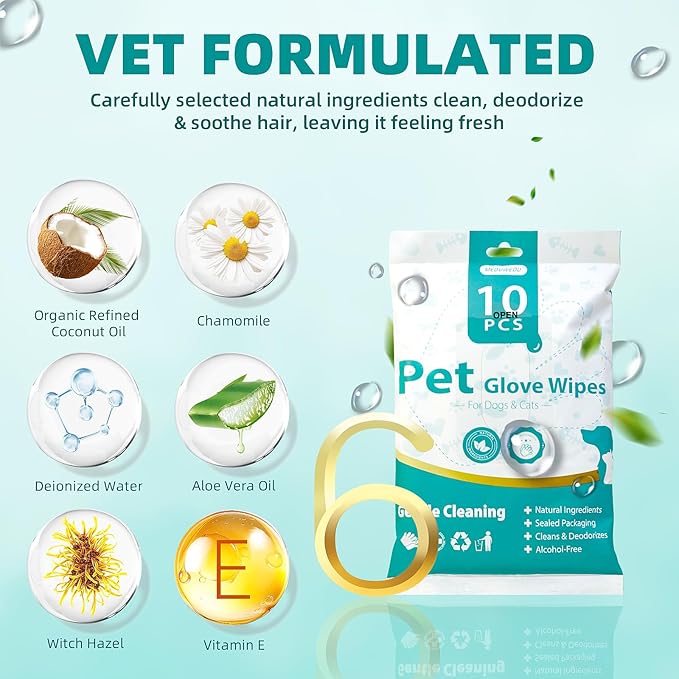 MEDUWEDU [10 Count] No-Rinse Pet Glove Wipes – 5-Finger Design, Coconut Oil & Aloe, Hypoallergenic Grooming Mitts for Dogs & Cats