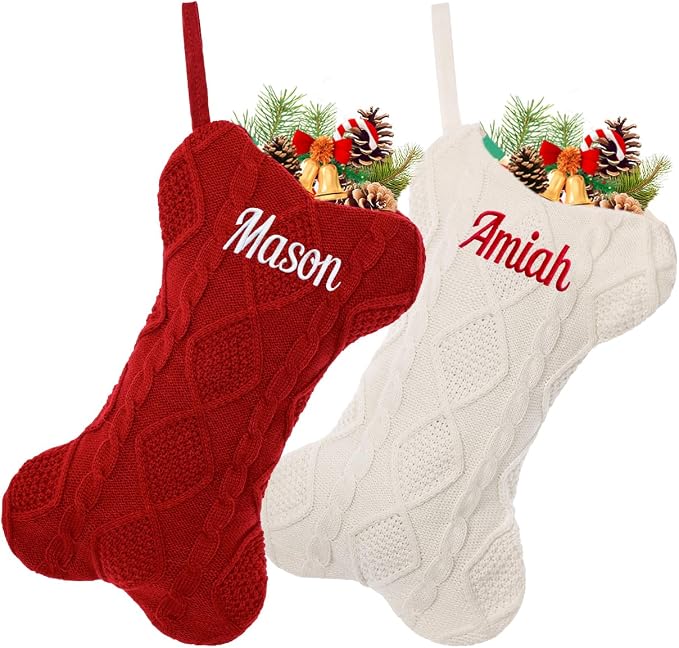 Personalized Pet Christmas Stocking,18 inch Custom Name Knit Christmas Stockings for Dog，Large Rhombic Bone Pet Xmas Stockings (3pc)
