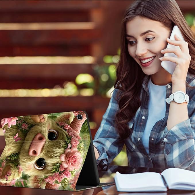 for Samsung Galaxy Tab A 8.0" 2019 SM-T290/T295 Case | Slim Leather Smart Cover with Multi-Angle Anti-Slip Stand [Auto Wake/Sleep] Shell for Women Men, Pink Flower Cow