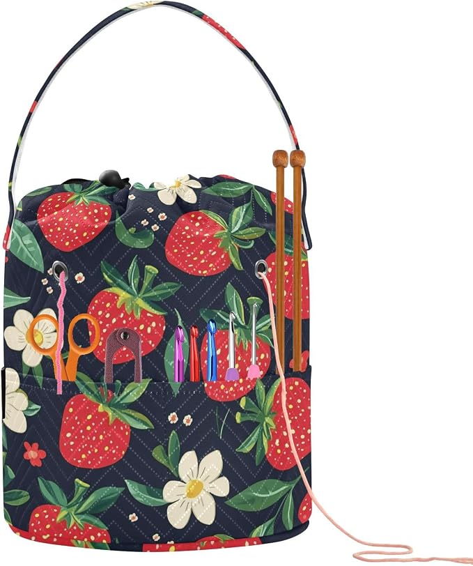 Fustylead Hand Draw Red Strawberry and Beautiful Floral Crochet Drawstring Organizer, Large Yarn Bag Storage Tote Basket for Crocheting On The Go, Kit Holder, Gift for Knitter, Crochet Beginner