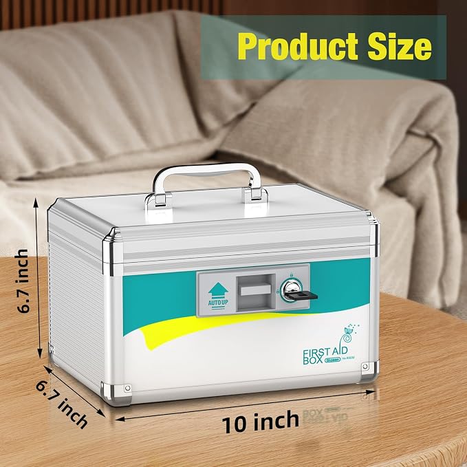 Glosen 8 Pack of Medicine Lock Box with Key, 2-Layer Aluminum Alloy Medication Lock Box with Removable Tray, Portable First Aid Storage Box with Handle for Home, Travel, School (10inch-Small-8pcs)