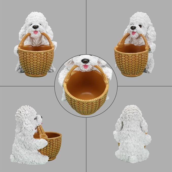 White Poodle Candy Bowl, Resin Dog Figurine Key Bowl for Entryway Table, Desktop Storage Basket Organizer for Desk, Unique Dog Lover Gift