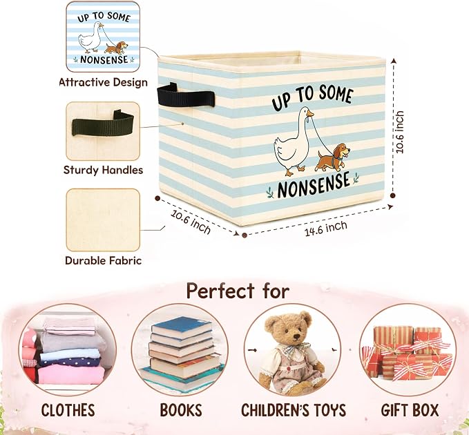 Goose Dog Blue Stripe Foldable Fabric Storage Bin | Up to Some Nonsense blue stripe design; foldable fabric storage bin for kids room, nursery, or playroom.