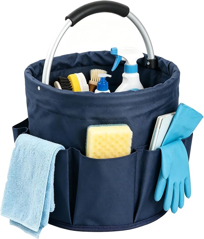 17L Cleaning Caddy with Handle, Portable Shower Caddy in 600D Oxford Fabric, Bucket Tool Organizer with 6 Side Pockets, Collapsible Storage Basket for Cleaning, Camping, Navy Blue
