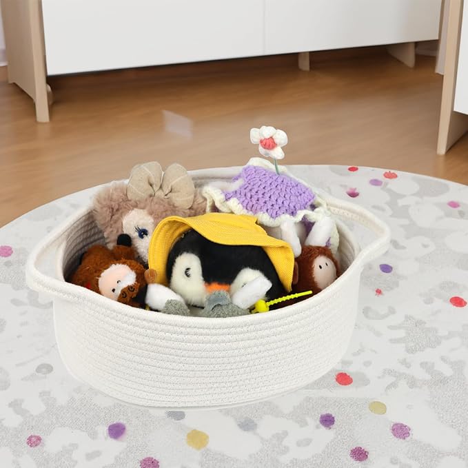 Small Woven Cotton Rope Basket with Handles, White, 12 Inch | Empty Gift Basket, Bathroom and Closet Organizer, Nursery Toy Storage, Decorative Boho Basket, Shelf Storage Bin