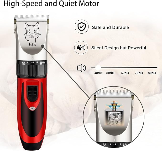 Highdas Dog Clippers for Grooming Rechargeable, Electric Dog Grooming Kit Clippers Low Noise, Cordless Quiet Dog Shaver, Pet Hair Trimmer Set for Dogs, Cats, Pets (Red)