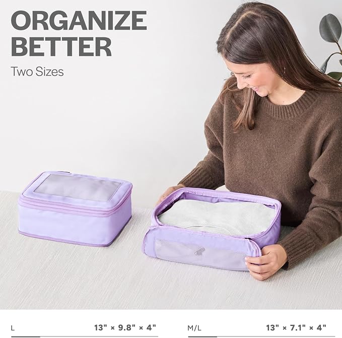 Compression Packing Cubes for Travel, 2-Pack, Purple | Solves overpacking, 2-Piece set fits most carry-ons, 50% Space savings, Compression luggage organizer bags