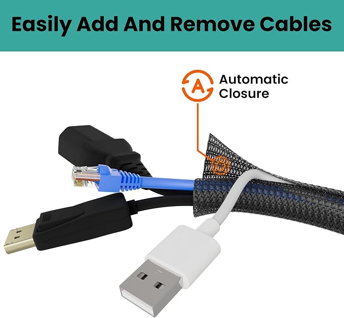 CableGeeker Braided Cable Management Sleeve, 25 ft (300 in), 1/2 in, Black | Expandable Split PET Braid, Self-Closing Design for TV, PC, USB and Ethernet Cables, Protect Pets Kids