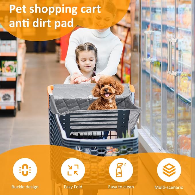 Pet Shopping Cart Cover, Portable Quilting Grocery Cart Cover with Storage Bag for Pets, Secured with Hook and Loop, Machine Washable for Pet Dog Cat, Easy-on Stretch(Gray)