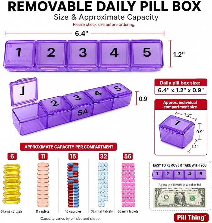 5 Times a Day Weekly Pill Box Organizer Case, Secure 7 Day Pillbox with Medication Schedule (5 Time-a-Day)