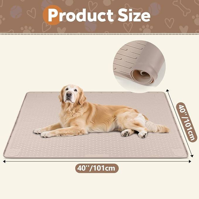 Silicone Dog Crate Mat 40"x 40" Under Dog Crate Kennel Pad Mat, Khaki | Extra Large Dog Cage Mat, Non-Slip Waterproof Dog Playpen Mat, Reusable Washable Dog Mat for Crate, Protect Floors