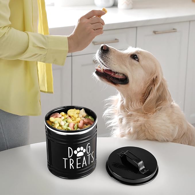 OUTNILI Large Dog Treat Container Airtight - 6.6" Tall X 6" Round Black Dog Treat Jar for Kitchen Counter - Rustic Treat Storage Canister for Dogs, Cats, Small Animals