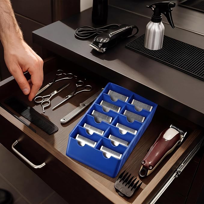 1 Pack Blue Clipper Blade Holder 10 Slot Clipper Razor Blade Rack Storage Tray Caddy Grooming and Barber Holder Organizer Case and Stylist Station Accessories