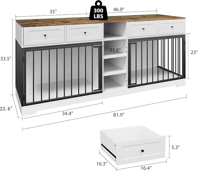 Dog Crate Furniture for 2 Dogs, Double Dog Crate TV Stand, White | 82" Large Dog Kennel Indoor with 4 Storage Drawers and 4 Shelves, Suitable for Small, Medium and Large Dogs
