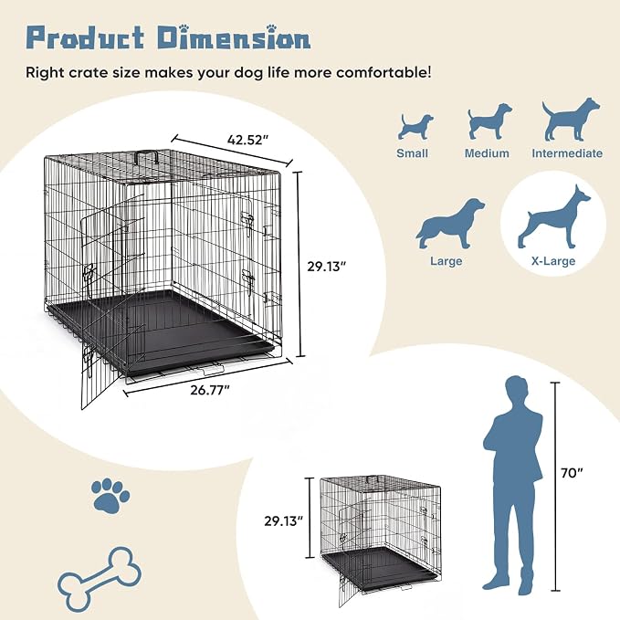 DUMOS Dog Crate 42 Inch, Foldable Medium Large Dog Cage Pet Kennel | Double Door Metal Wire, Plastic Leak-Proof Pan Tray, Portable Indoor Outdoor Training Travel