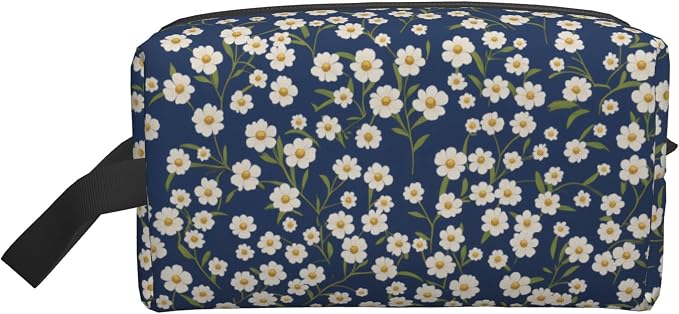 Navy Blue Daisy Makeup Bag - Durable 600D Oxford Fabric Travel Cosmetic Bag, Shockproof Foam Padded Toiletry Organizer for Gym & Daily Use 10x6.2x4.9 Inch