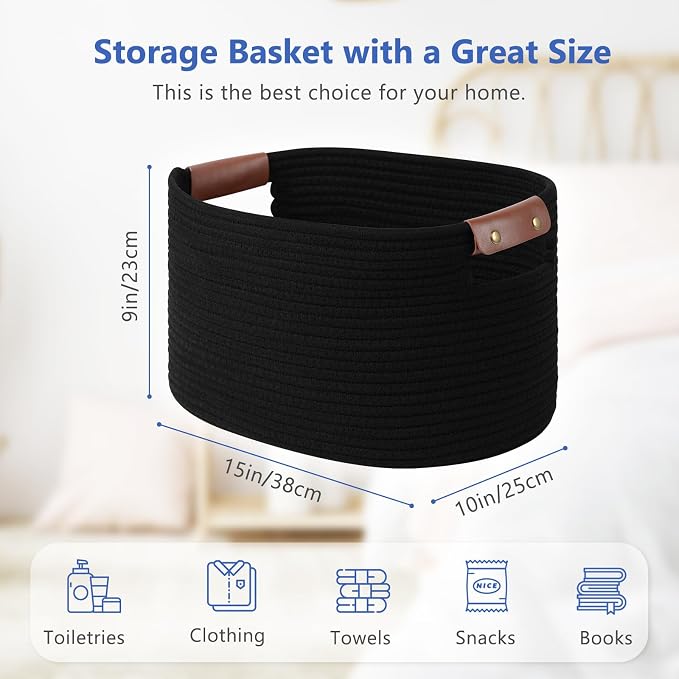 ECDYQXVU 15x10x9 Black Woven Cotton Rope Storage Basket Handles 1 Pack | Foldable Design, Leather Handles, Easy to Clean Organizer for Living Room, Closet, Shelves, Bedroom, Laundry, Clothes