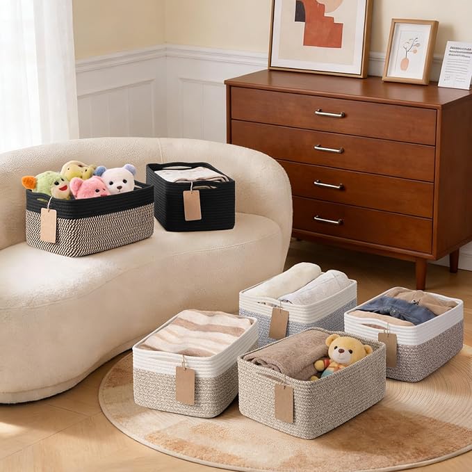 Goodpick 4 Pack Storage Baskets for Organizing Shelves, Brown | 13" x 8" x 6" Woven Rope Baskets for Baby Toys & Books, Decorative Gift Basket for Home Organization, Rectangle Design