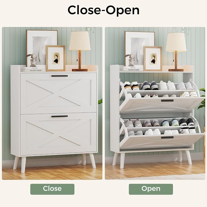 Homleke Farmhouse Shoe Storage Cabinet with Flip Drawers & Barn Door Design | Slim Narrow Shoe Rack Cabinet with Adjustable Shelves & Hidden Storage for Entryway, Foyer, Hallway, Living Room, White