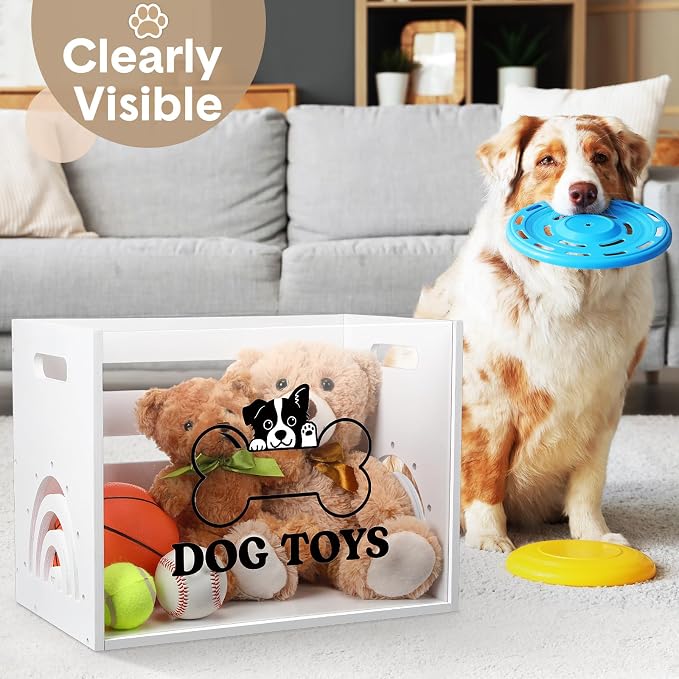 Dog Toy Box Large Wooden Dog Toy Chest with Handle Wooden Storage Bin with Acrylic Board Storage Box for Puppy Toys Pet Food and Accessories Organizer Holder Basket for Living Room Area(White, Dog)